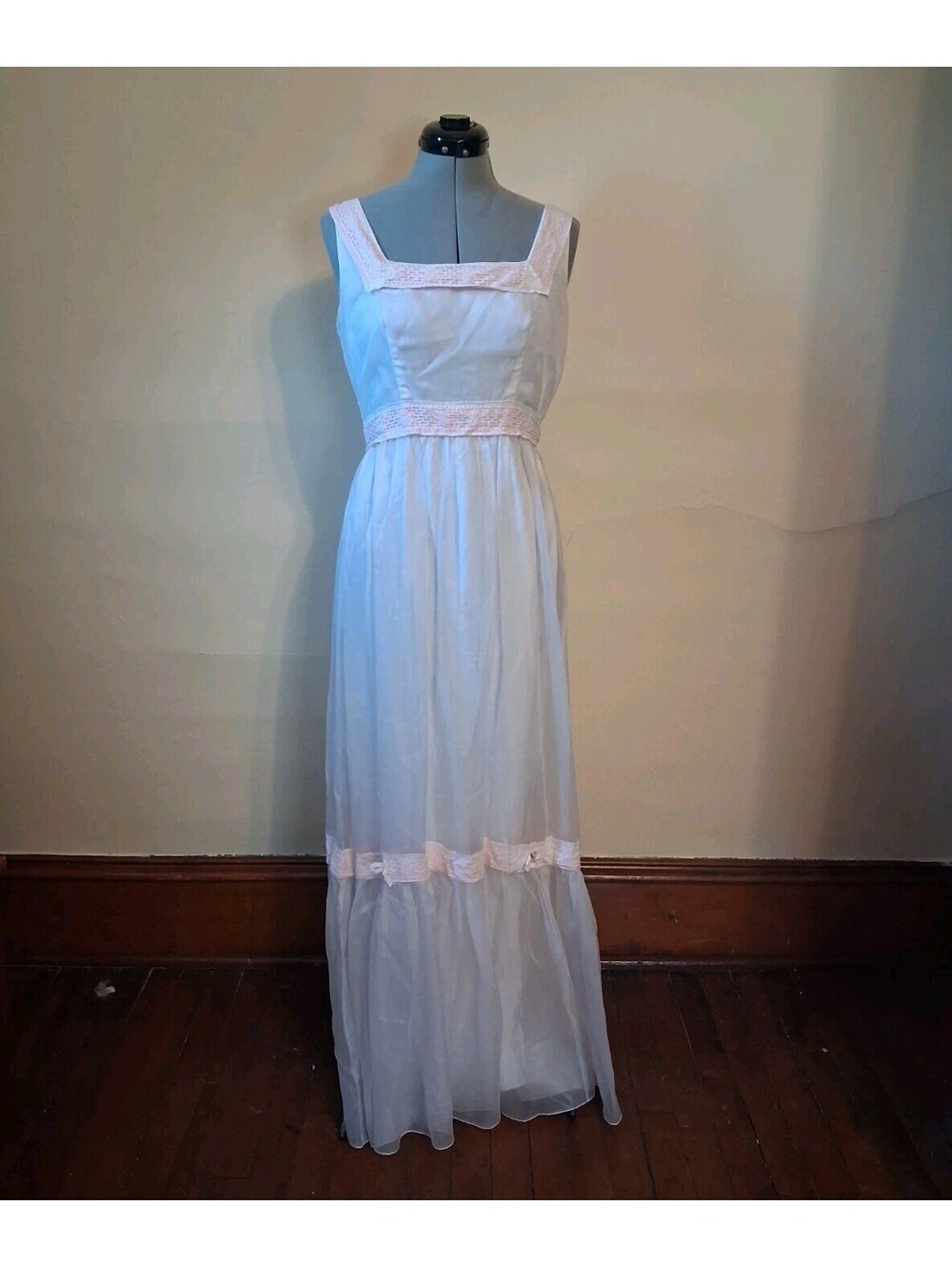 vintage 1960s Dress, Maxi Lorrie Deb White Pink Summer Sun Prom Dress Size M